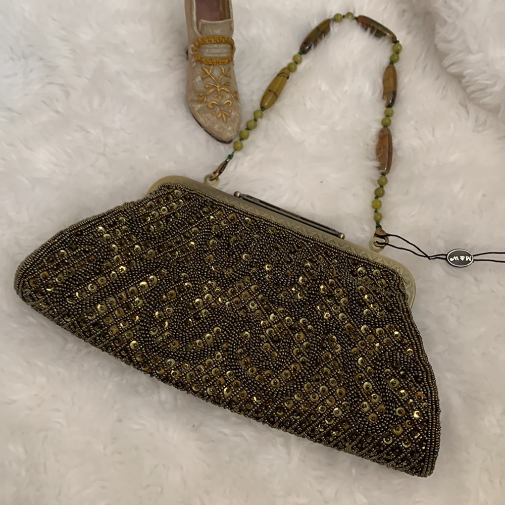 M & W Gold Vintage sequins dressy snap closure ladies bag with beaded handle NWT